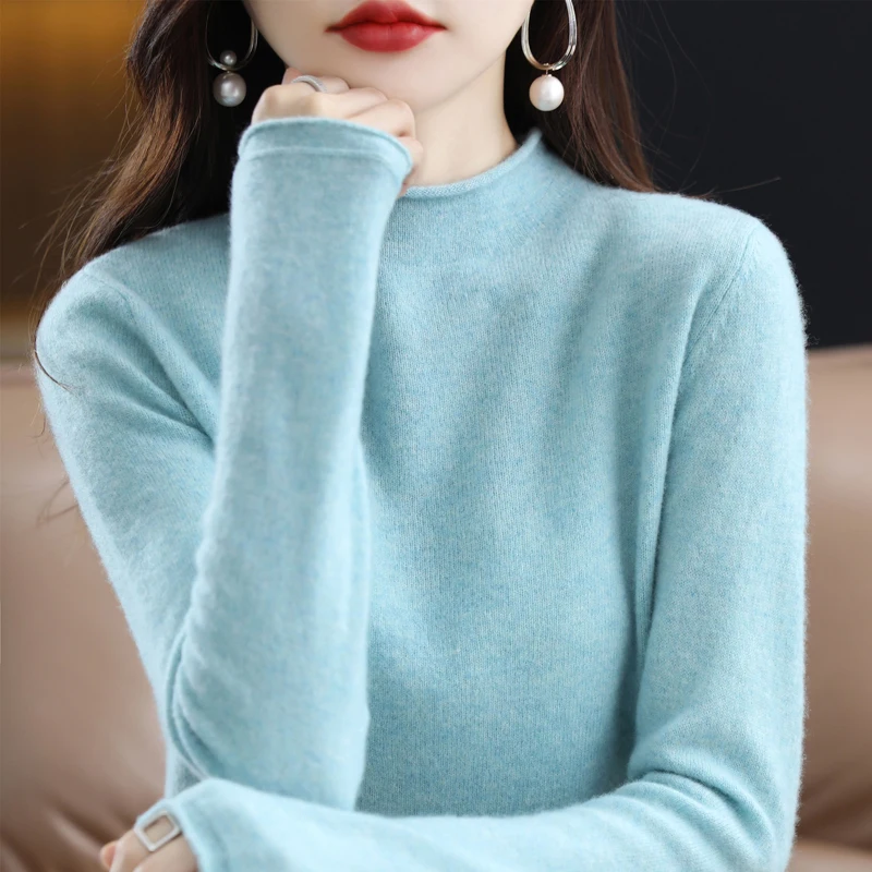 Suéter de cachemira de cuello medio alto para mujer, nuevo jersey de otoño e invierno, suéter de lana de alta calidad para mujer, jersey cálido tejido