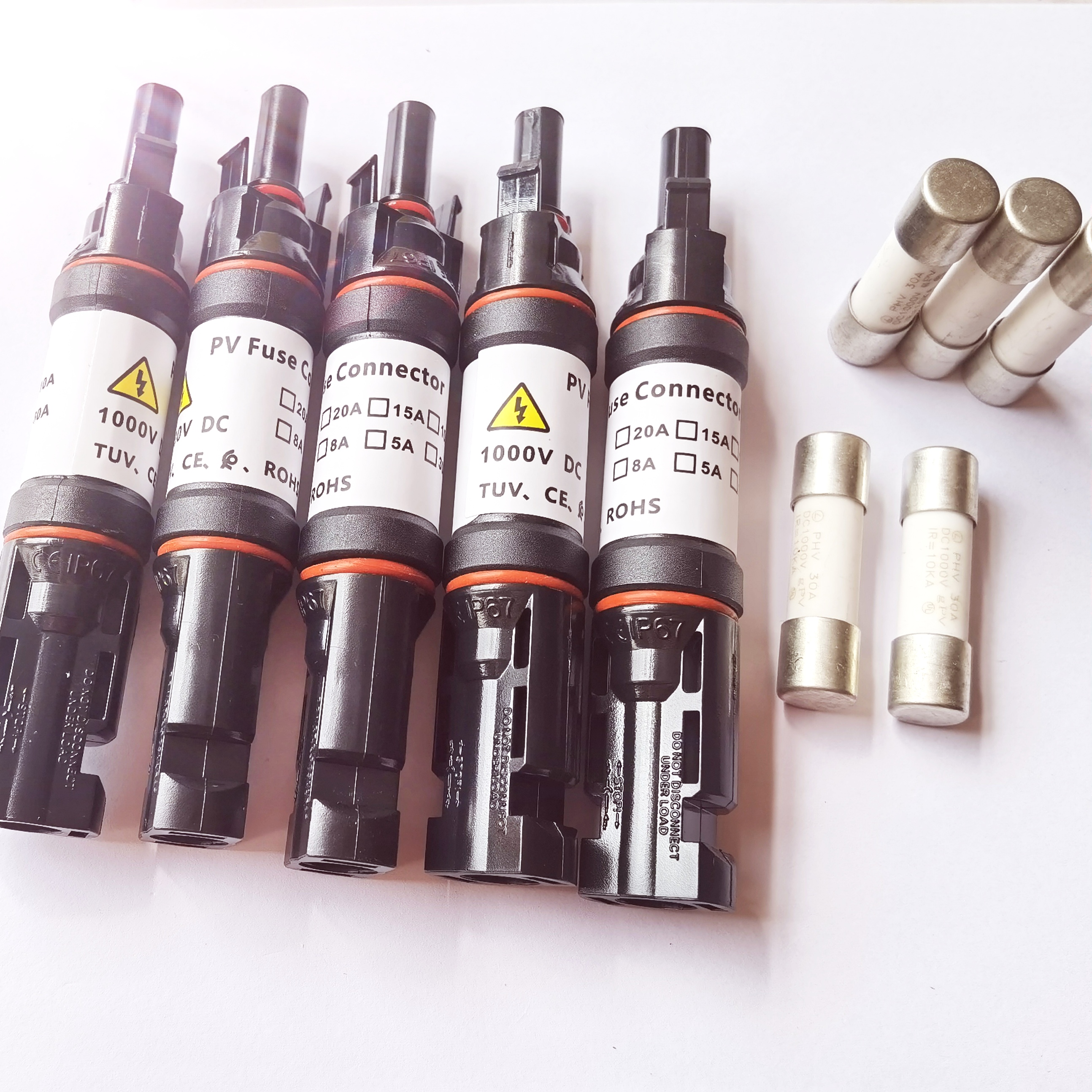 1000VDC 10A 15A 20A 30A DC Conector de fusible solar Soporte de fusible con fusible en línea para sistemas de paneles solares Aprobado por TUV
