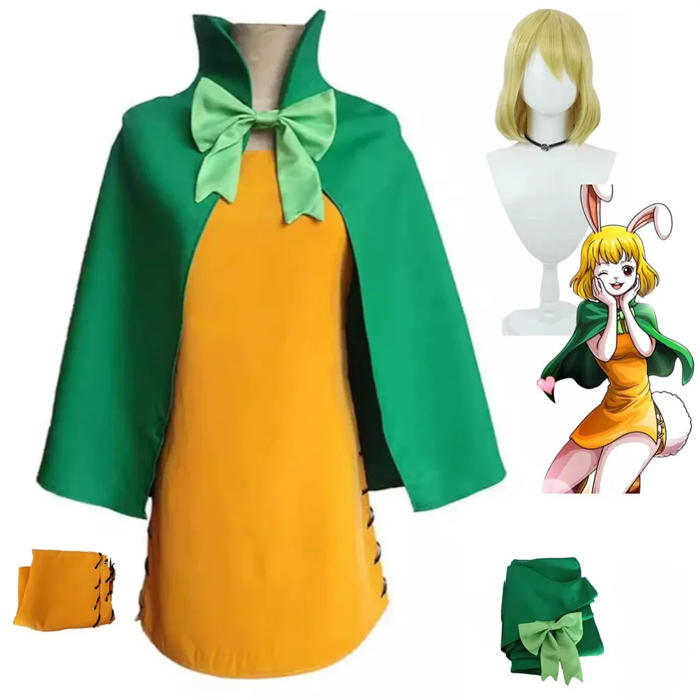 Kostum Cosplay Anime Carrot Wano Kuni Country Mink Family King Jubah Hijau Gaun Selendang Wig Wanita Halloween Natal Dress Up