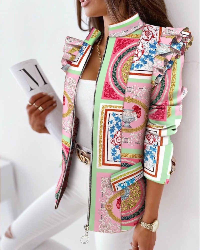 Jaqueta blazer colorida feminina, leopardo impresso com babados, manga comprida, terno estampado com zíper, roupas plus size