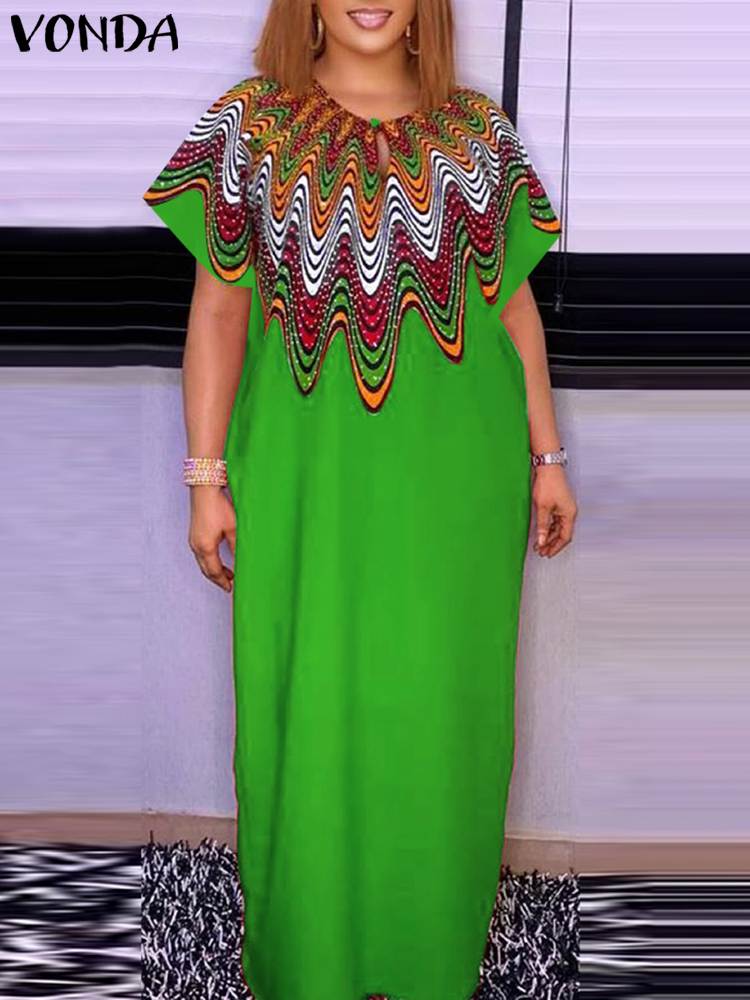 Vonda-女性用マキシロングドレス,ラージサイズ,ヴィンテージ,半袖,プリントパーティー,カジュアル,ルーズドレス,特大,夏