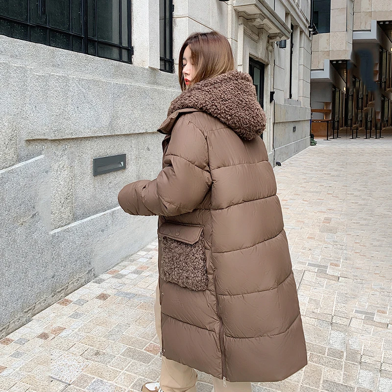 ผู้หญิงHoodedแจ็คเก็ตผ้าฝ้ายฤดูหนาวหนาWarm Lambขนสัตว์Splicingความยาวกลางผ้าฝ้ายเบาะOuterwearสุภาพสตรีหลวมSnowsuit