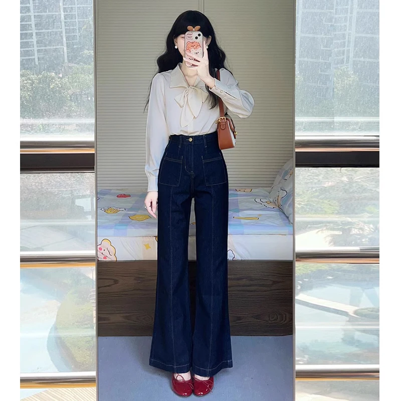 Deep Blue Retro Flared Jeans Women's Spring Autumn High Waist Bell Bottom Pants Drapey Wide Leg Floor Length Trousers