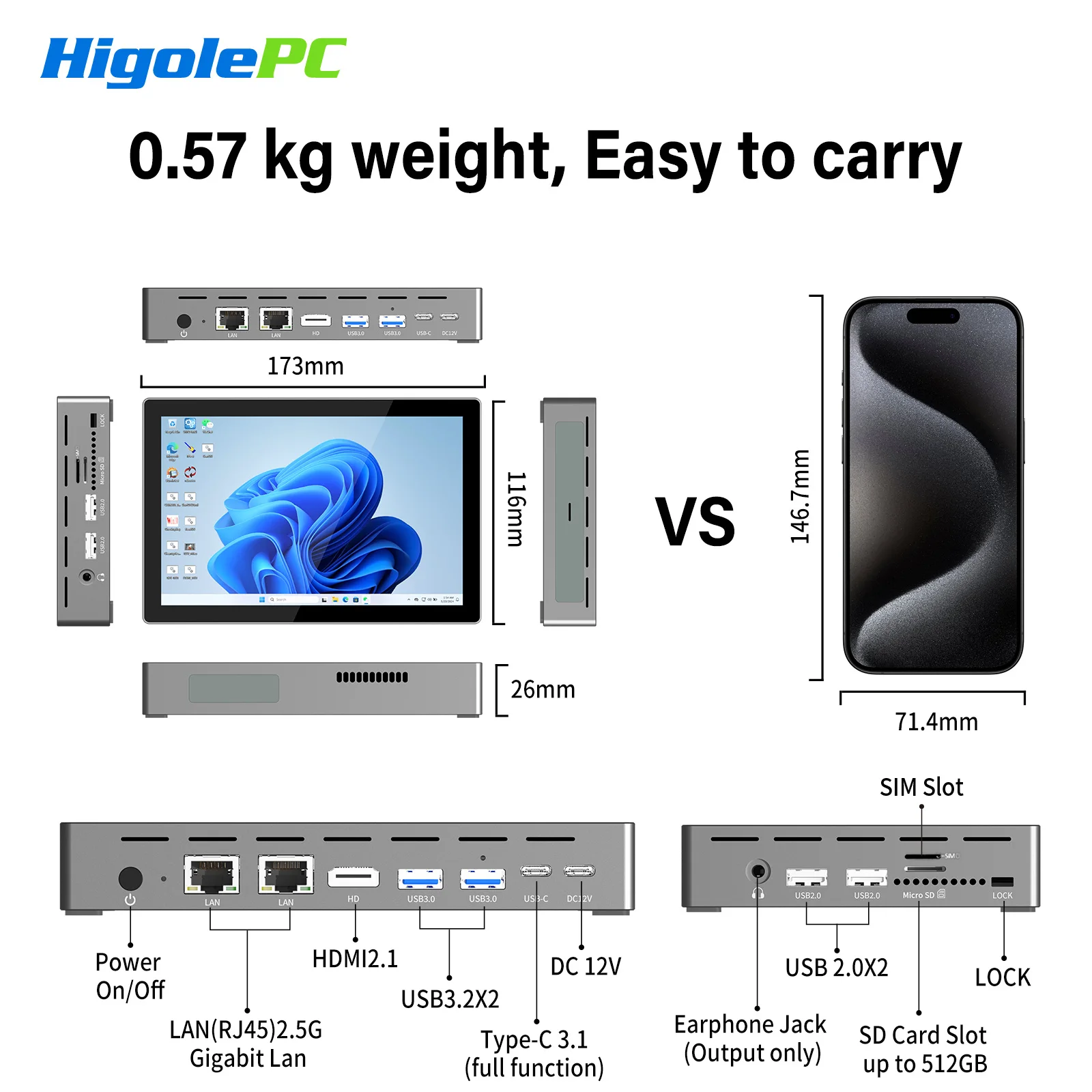 Higole F9B Pro 7'' Mini PC Intel N95 Windows 11 WiFi5 16G 512G 5000mAh Dual 2.5G LAN SIM Slot Laptop Desktop PC Mini Computer