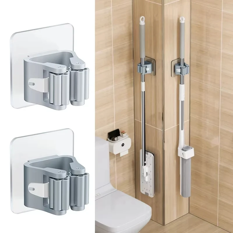 Gray Bathroom Storage Rack Mop Clip Wall Hanging Mop Rack Mop Holder Wall Mounted Mop Organizer Broom Hanger Self Adhesive Hooks