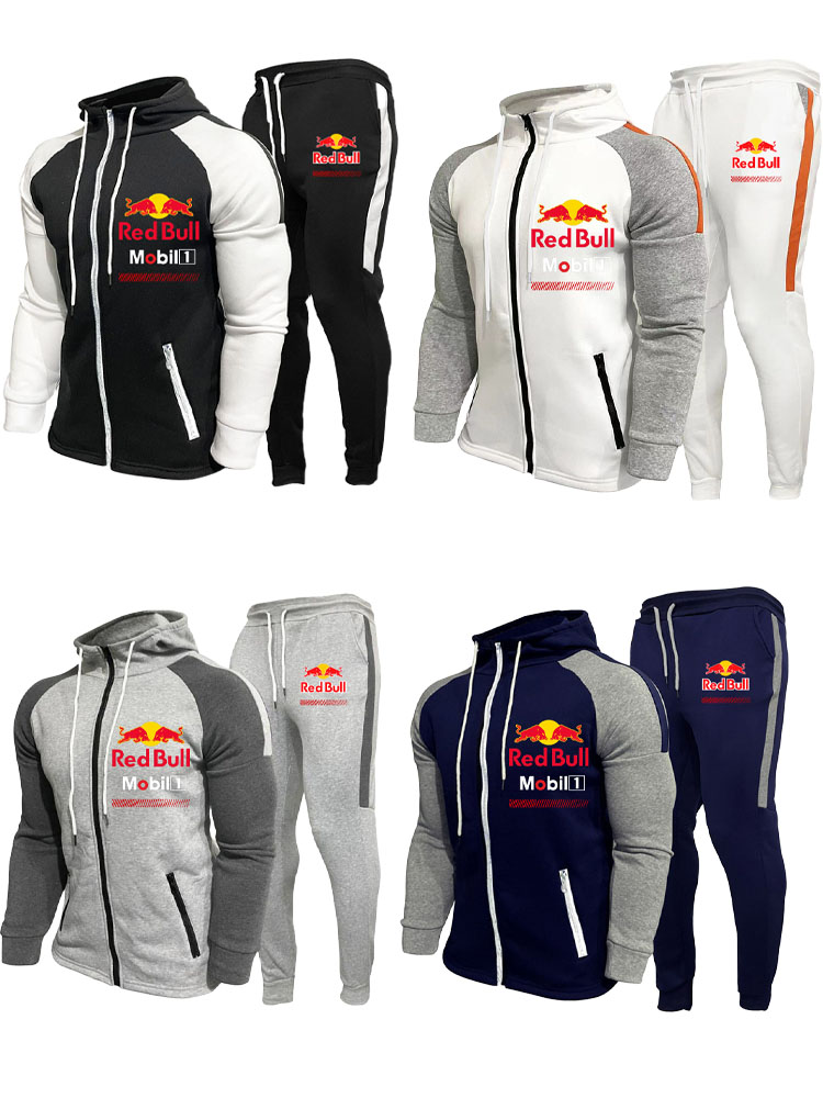 Red Bull Men's Racing Suit Outdoor Quick-Drying Comfortable Oversized Hooded Jacket Fitness Sweatpants Two-Piece Training Set