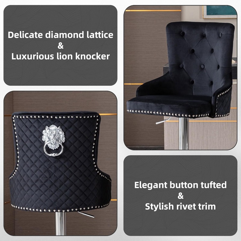 Velvet Bar Stool Set of 4 Lion Pull Ring Swivel Chair for Kitchen Counter Nailhead Upholstered, Height Adjustable Barstools