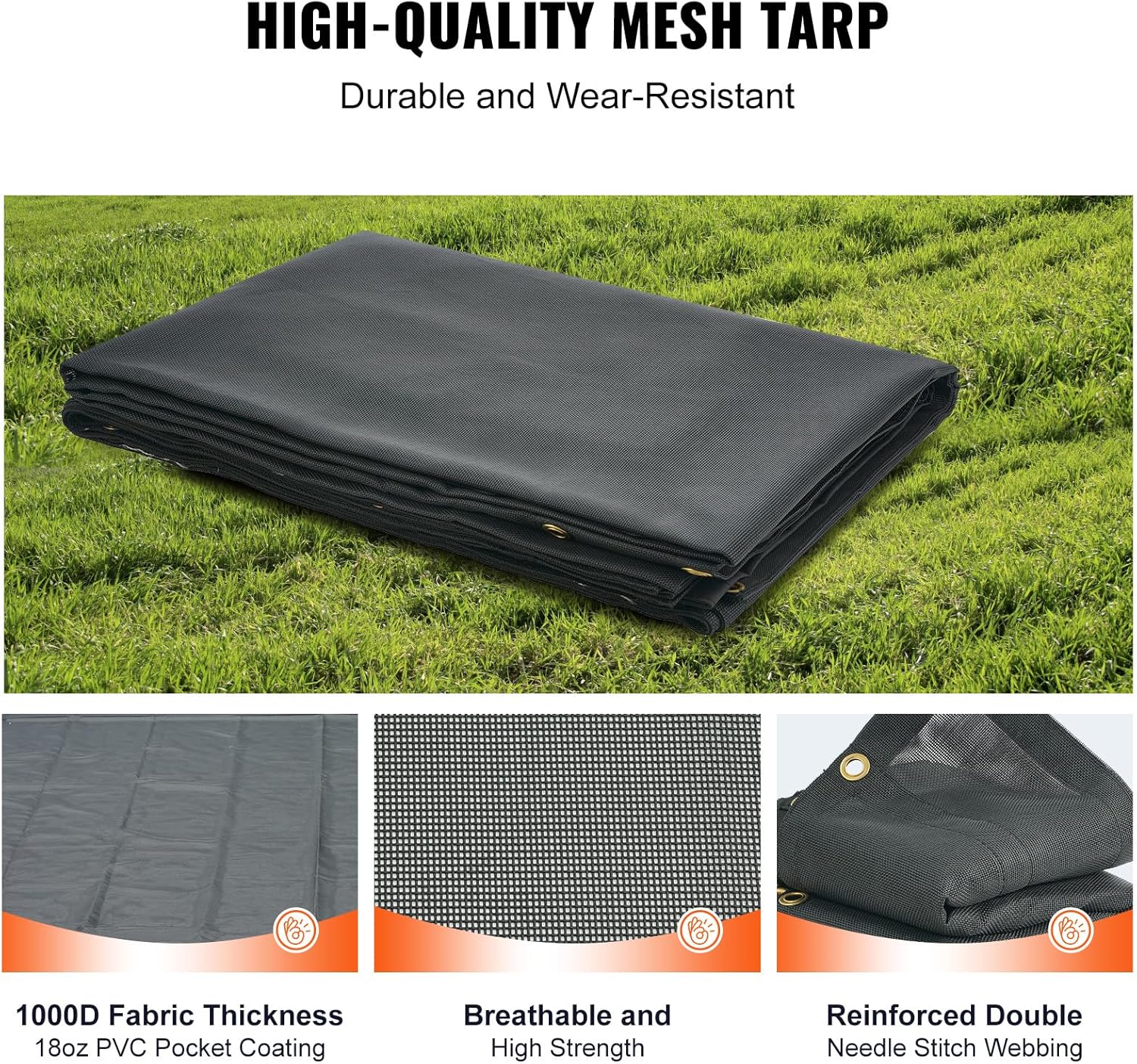 Dump Truck Mesh Tarp, 7.5x18 ft, PVC Coated Black Heavy Duty Cover with 5.5" 18oz Double Pocket