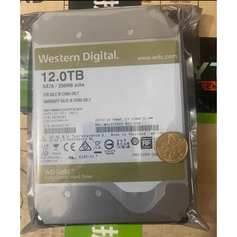 WD gold 12TB  WD121VRYZ disk  HDD 12TB super large capacity 7200 speed NAS desktop server workstation general SATA 256M
