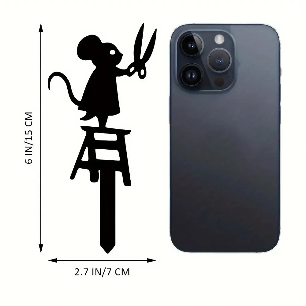 1pc silhouette metal garden post with scissors mouse design, art deco lawn sign, creative animal sculpture decorations