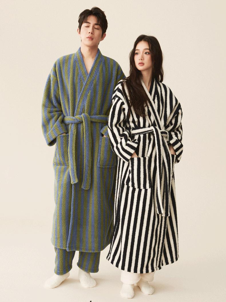 Couples Plush Sleepwear Coral Velvet Morning Bathrobe Long Thick Home Clothes Youth Winter Season Striped Pattern Couples Robe