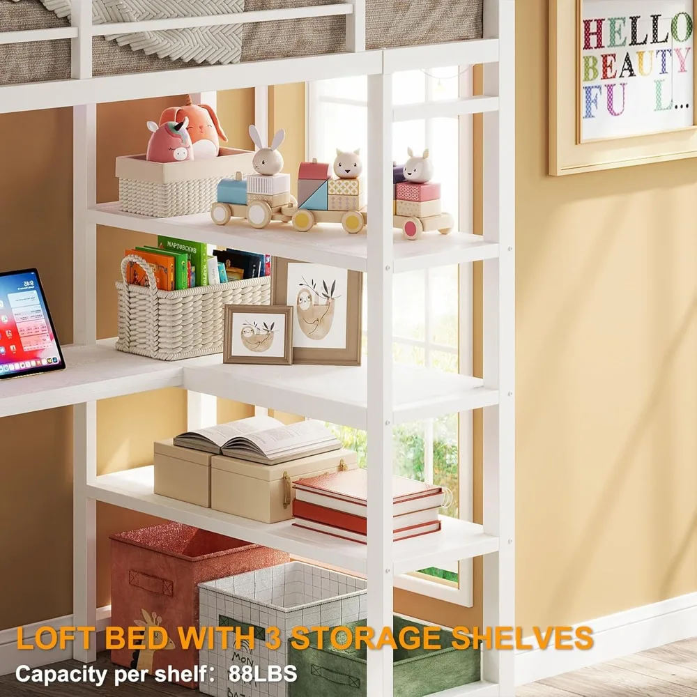 Loft Bed Twin Size with L Shaped Desk and Shelves,Heavy Duty Metal Loft Bed Frame with Power Outlet and LED Lighted,Space-Saving