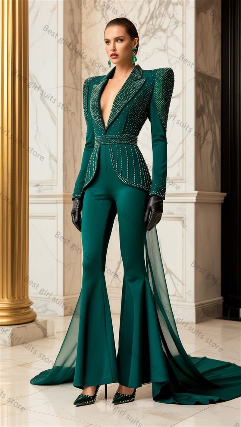 Green Crystals Women Suit Set 2 Piece Beaded Blazer Pants Trouser Long Train Formal Office Lady Jacket Customized Wedding Tuxedo