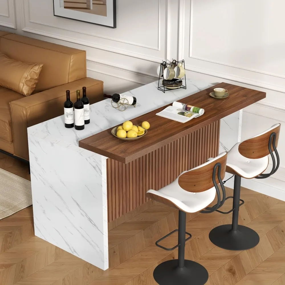 63" Large Imitation Marble Bar Table,Island Table with LED Lights,Mordern Marble Stripes Freestanding Mini Bar with Grille desig