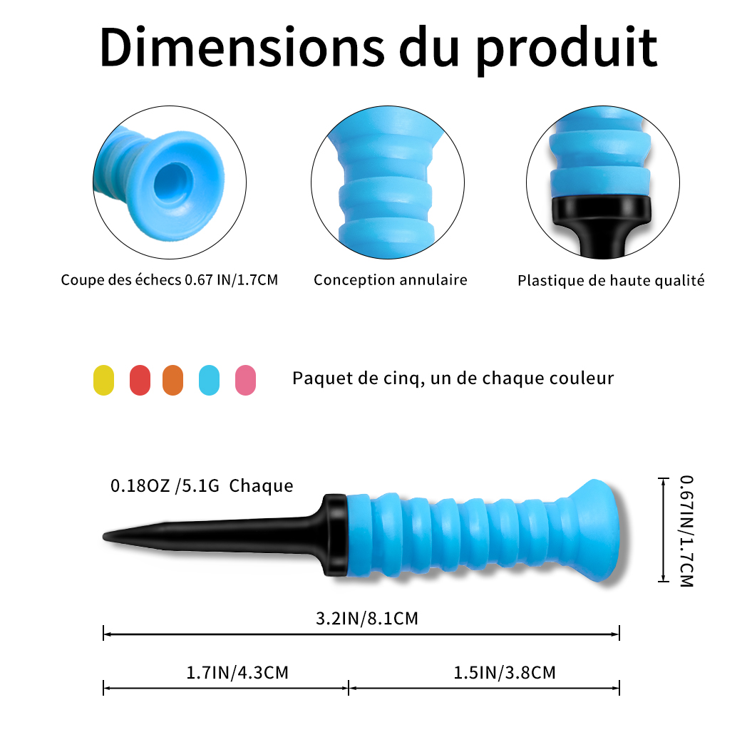 Caiton-Tees de golf en caoutchouc flexibles à 360 °, 3,2 pouces, 81mm, durables, à faible friction, vibrants, multicolores, idéaux pour les golfeurs, 5 pièces