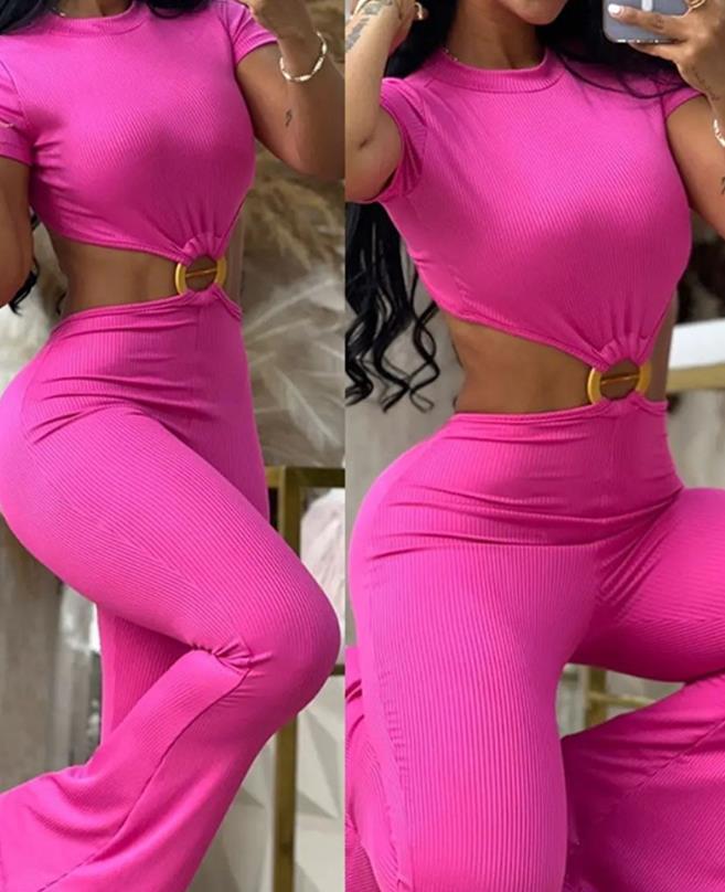 Ladies Jumpsuit Summer Outfit 2023 Sexy O-Ring Decor Cutout Short Sleeve Jumpsuit Sexy Backless Cutout High Waist Jumpsuit