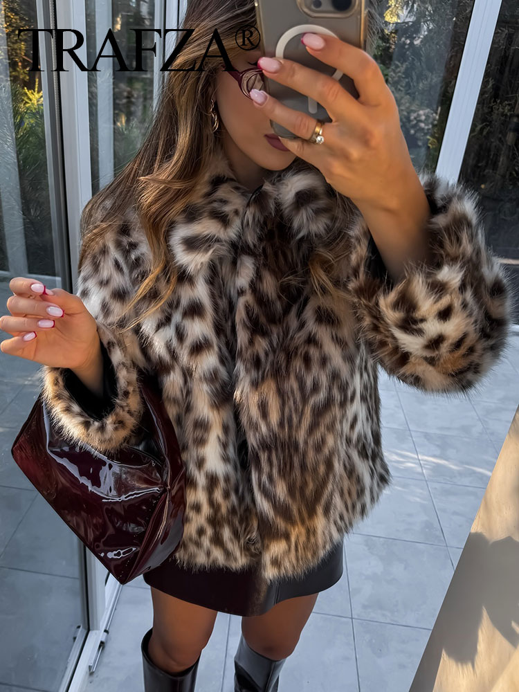 TRAFZA-abrigo de manga larga con solapa para Mujer, abrigo informal con bolsillos laterales, estampado de leopardo, piel sintética, holgado, ajustado, cálido, invierno, 2024