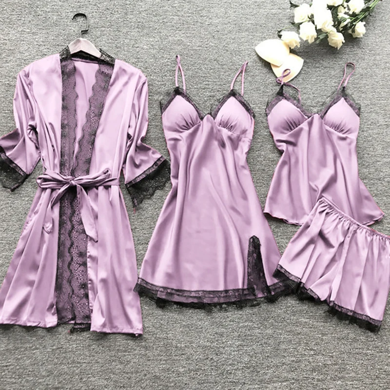 4 peças pijamas de renda sexy feminino moda com decote em v vestido conforto pijamas pijamas com almofadas no peito camisola casual loungew