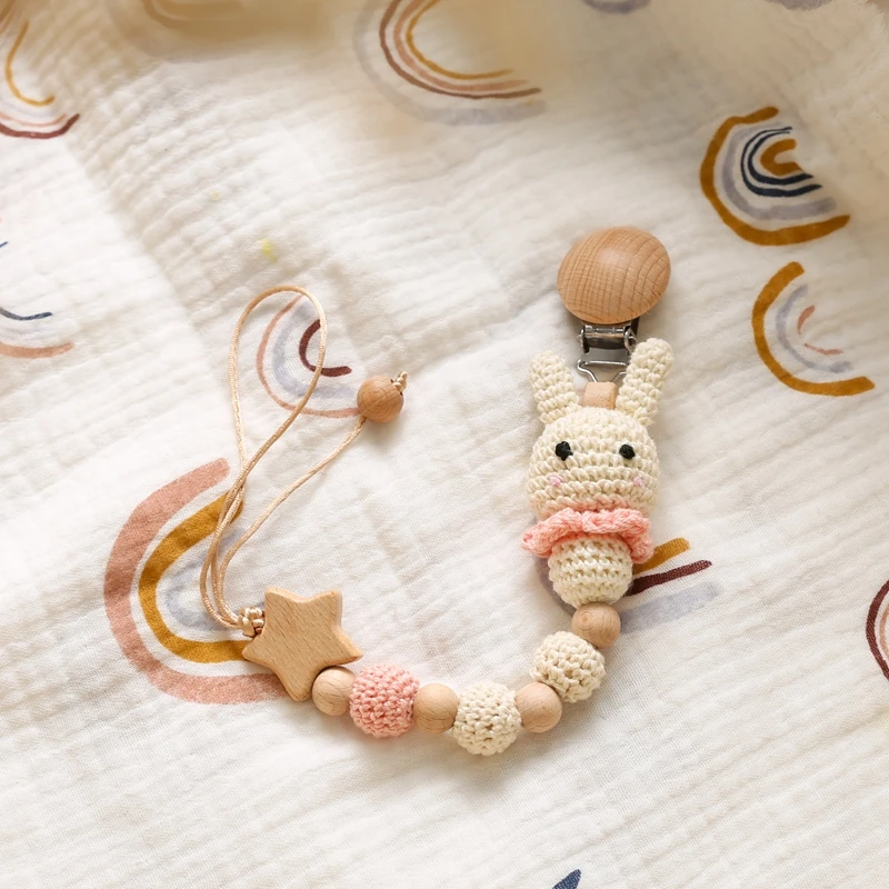 Baby Crochet Bunny Pacifier Clip Cartoon Pacifiers for Babies Newborn Infant Nipple Holder Infant Gifts NewBorn Baby Accessory