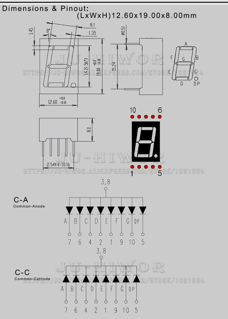 10szt 0,56 cala 10 pinów 5161AW 5161BW 1 bit cyfra 7 segment biały wyświetlacz cyfrowy LED Digitron wspólna anoda katoda C-C C-A