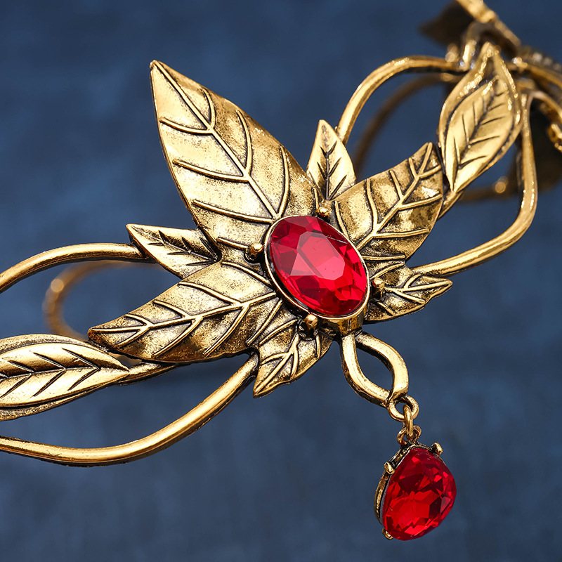 빈티지 골드 컬러 킹 라운드 엘프 크라운 크리스탈 여신 티아라 여성 남자 빈티지 잎 머리띠 Diadem 신부 헤어 액세서리