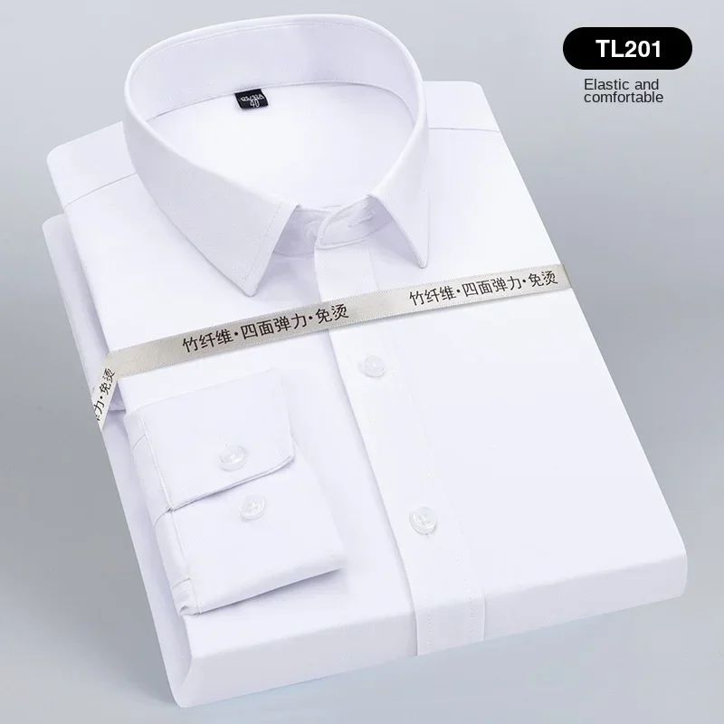 Camicia a maniche lunghe, Fibra di bambù elastica da uomo, Camicia di seta senza stiratura, Abbigliamento professionale da uomo di mezza età e anziani