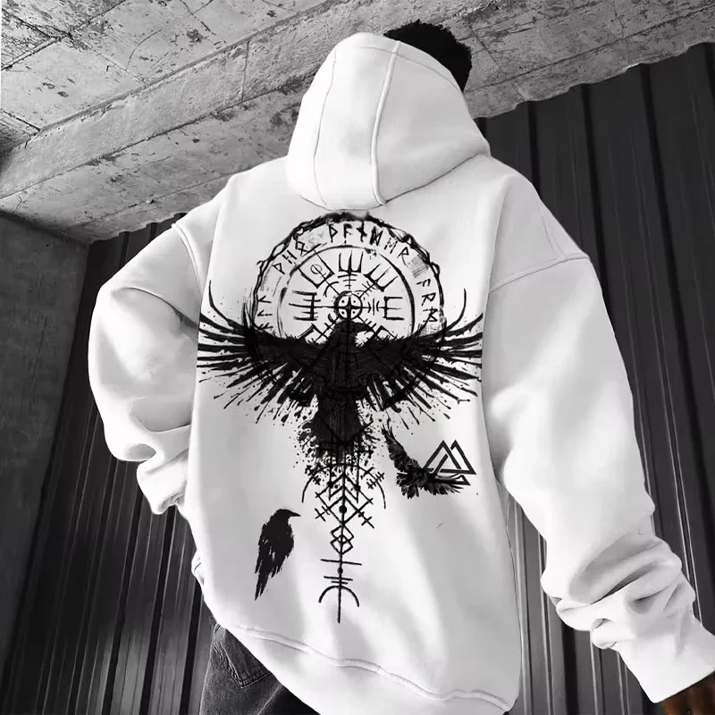 Sudadera con capucha con estampado de tótem vikingo para hombre, Sudadera con capucha de algodón Y2K, patrón de águila suelto, deporte fresco, funcional, a la moda
