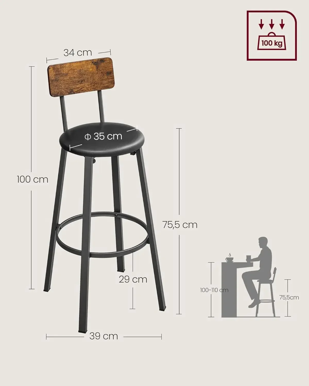 Zeitbegrenzter Rabatt-Taburetes de Bar, Tapizados PU, Taburete Alto con Reposapiés, Montaje Simple, Industrial, para Cocina, C