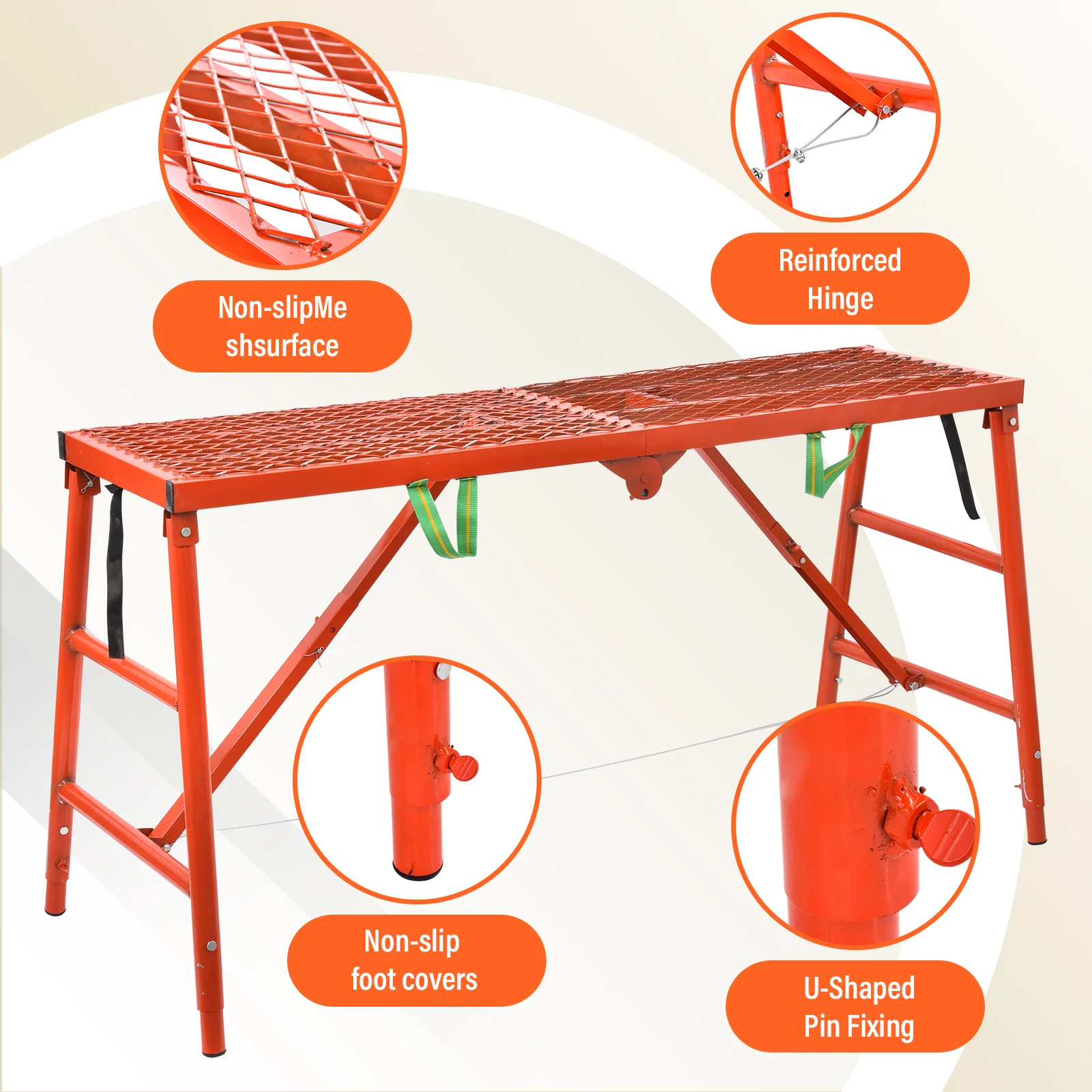 Portable Scaffolding Workbench, 711Lbs Capacity Heavy Duty Steel Scaffolding Platform, 27.6-45.7in Adjustable Height, Orange
