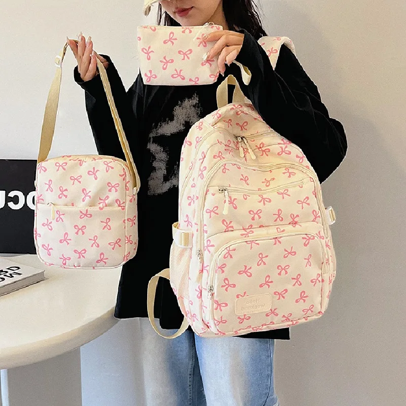 3 unids/set lindo mochila de gran capacidad para niña bolso escolar de nailon con estampado de lazo correa ajustable mochila de viaje para ordenador para mujer