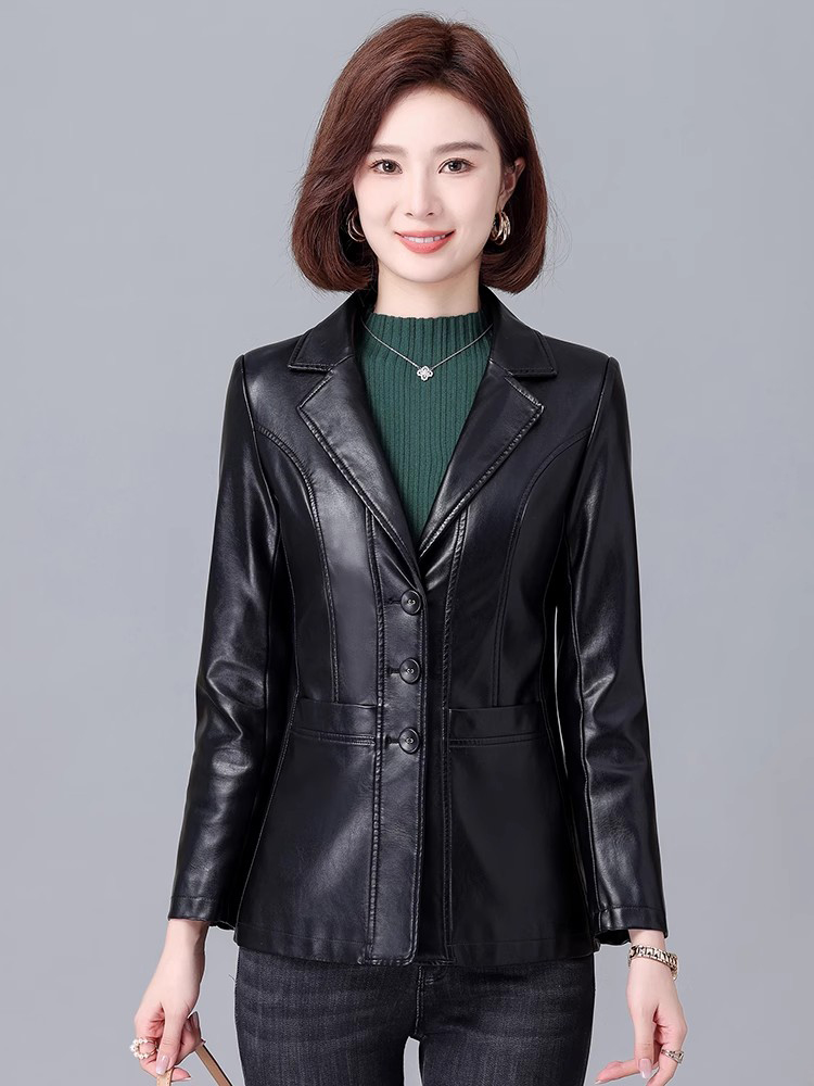 New Women Leather Blazer Spring Autumn Fashion Suit Collar Single Breasted Slim Leather Jacket Split Leather Long Sleeve Coat