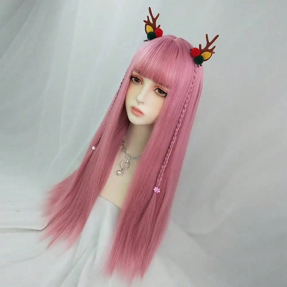 MSIWIGS 女性の合成コスプレロリータウィッグカットバングブルーピンクブロンドレッドロングストレートヘアパーティーレディガール