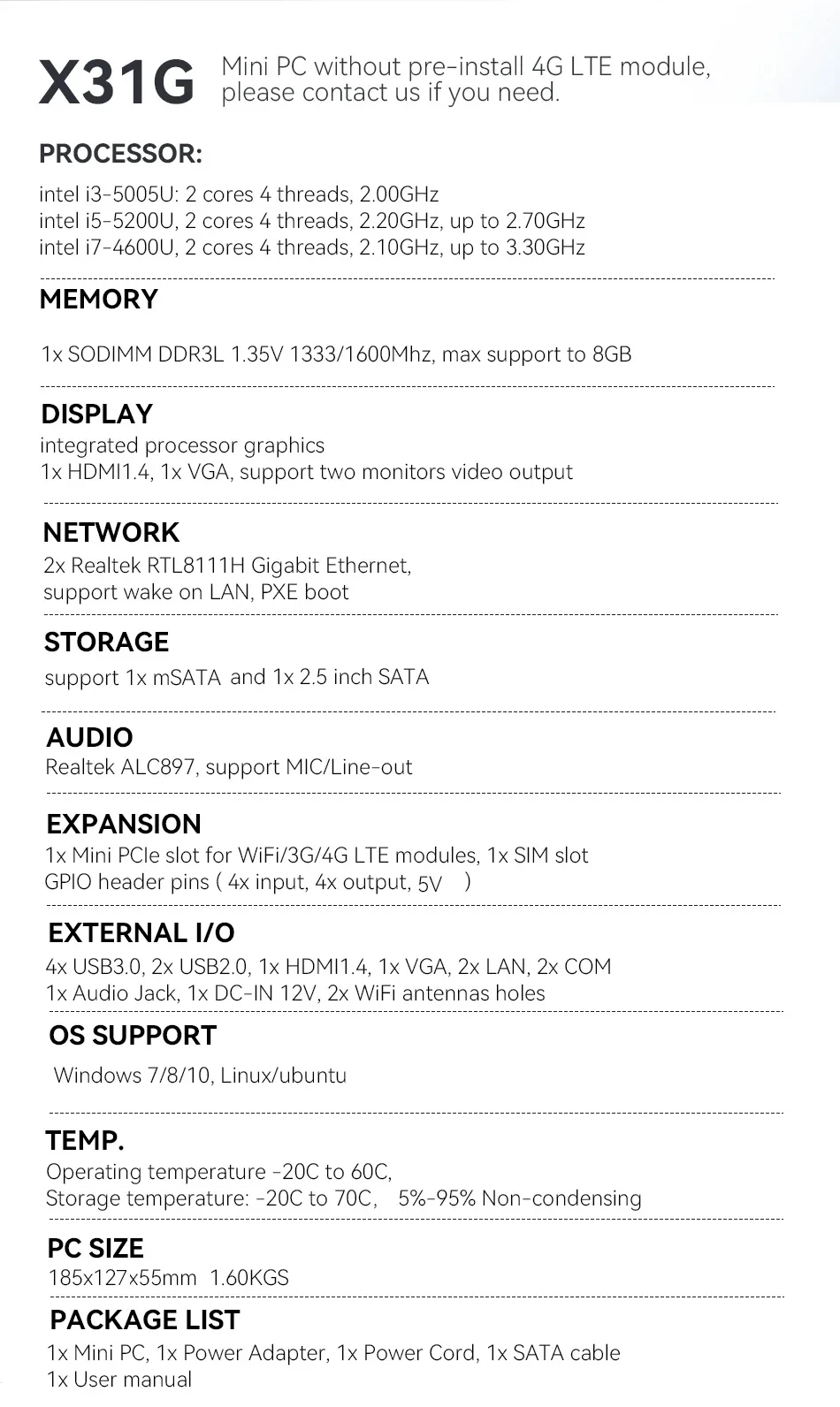 Промышленный ПК XCY безвентилятора i7-4600U i5-5200U 2 последовательных порта RS232 RS485 2x Ethernet 6xUSB Расширение Windows Linux GPIO Mini-PCIe