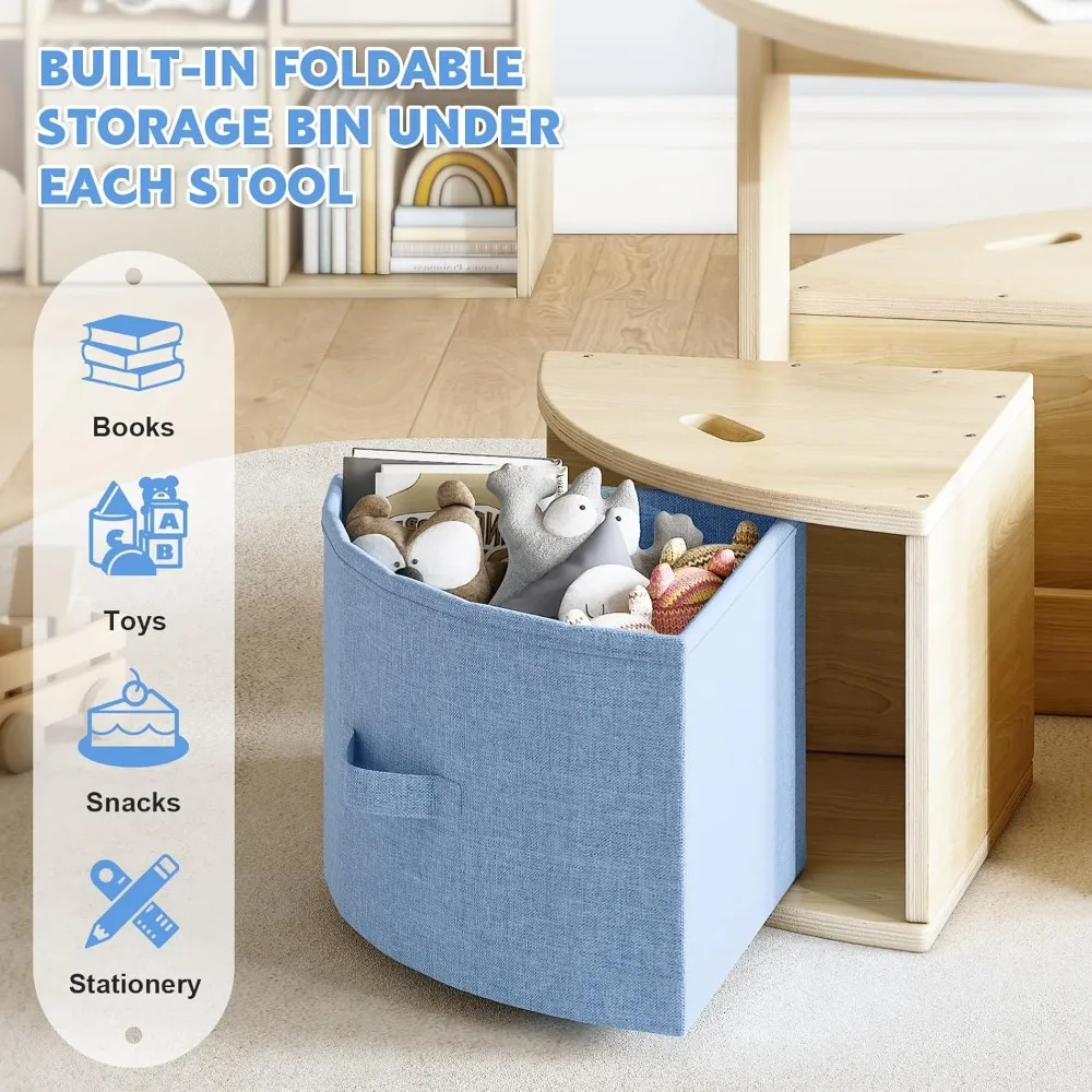 Table and Chair Set, Round Kids Table and Chairs with Nesting Design, Wooden Activity Table & 4 Storage Drawers Chairs