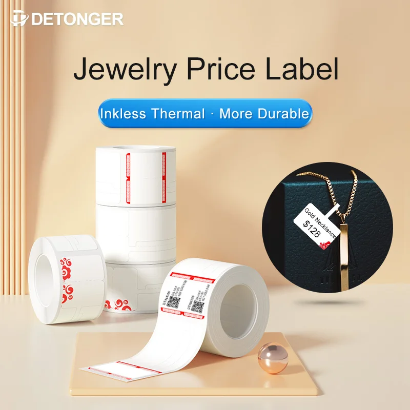 DETONGER Thermal Jelwery Label Paper 5 ม้วนกันน้ํากันน้ํา Scratchproof ราคาฟรี App แม่แบบสติกเกอร์กระดาษ