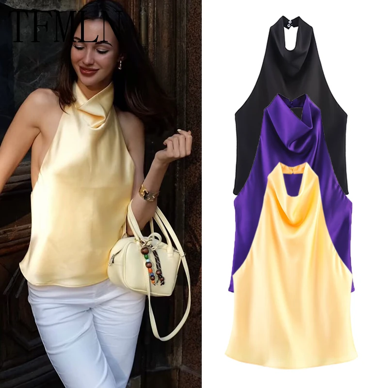 Tfmln mulheres sexy halter topo primavera verão sexy sem costas alta rua colete feminino moda sólida elegante halter pescoço topos