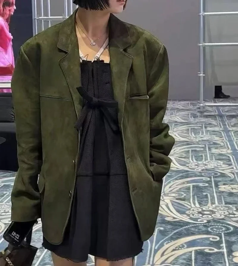 Casaco blazer de couro de camurça de grandes dimensões feminino verde veste único breasted jaqueta de couro 2025 inverno jaqueta de camurça mulher