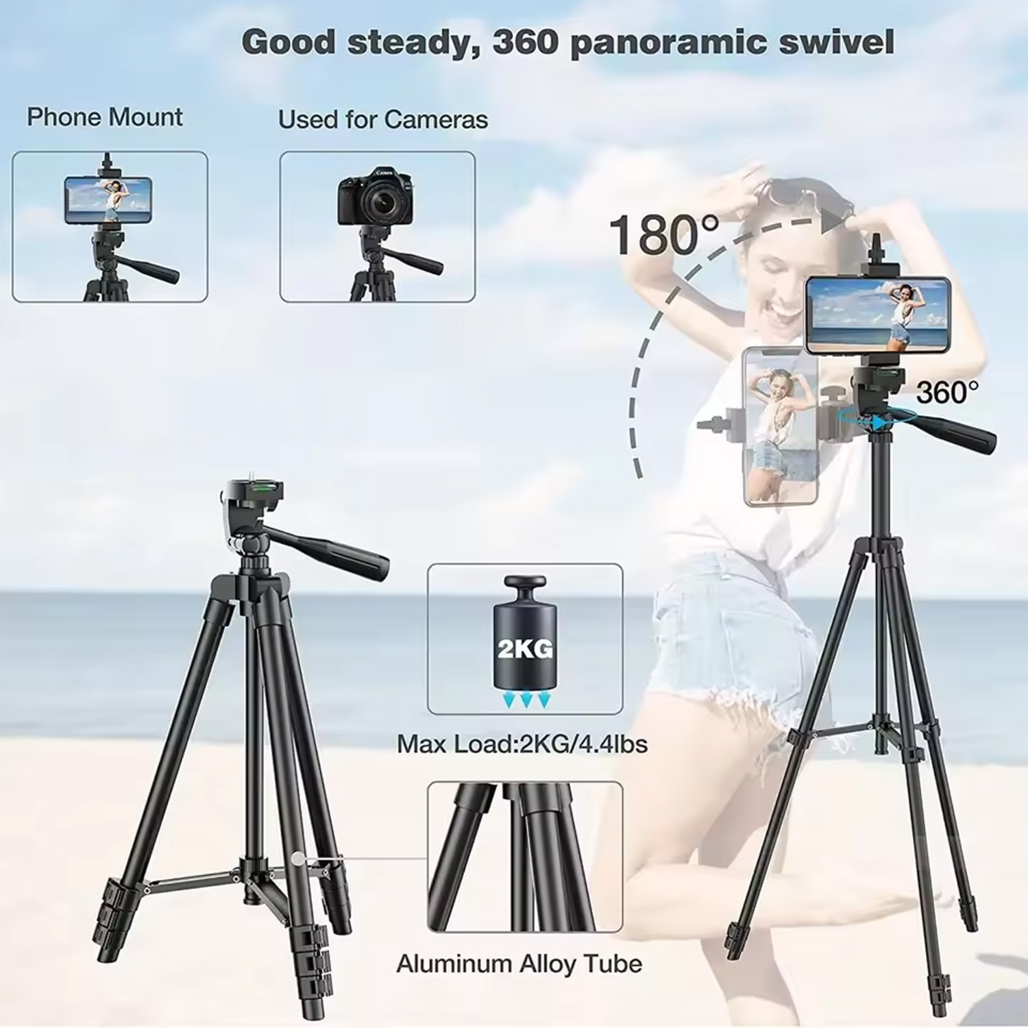 Portable Tripod for Phone Lightweight Camera Tripod Stand with Bluetooth Selfie Remote Phone Holder for Phone Video Photography