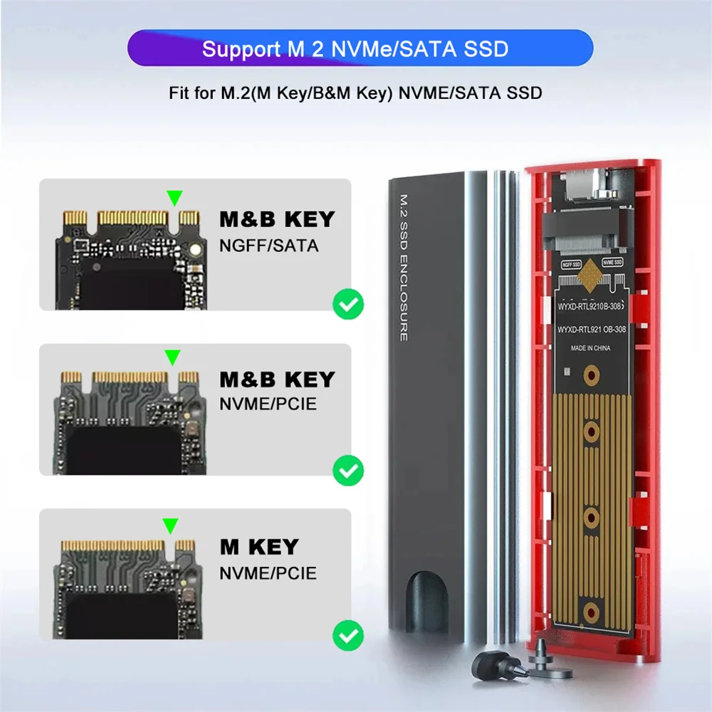 10Gbps M2 NVMe/SATA SSD Case SSD Box M.2 NVME NGFF SSD to USB 3.1 Enclosure Type-A to Type-C Cable for PC Laptop Accessories