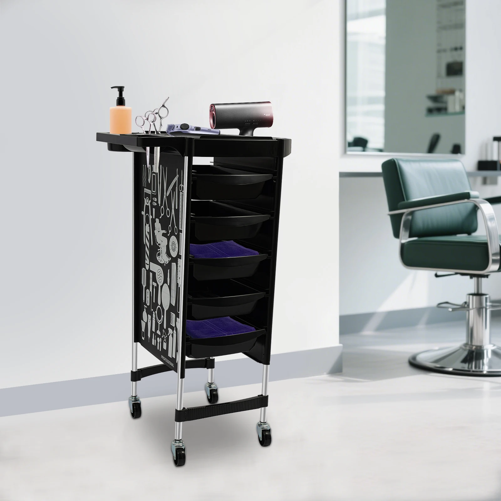 Carrello per salone a 6 livelli su 4 ruote 5 cassetti estraibili Carrello per trucco Carrello per sollevamento tinture per capelli da 176 libbre per strumento per parrucchiere