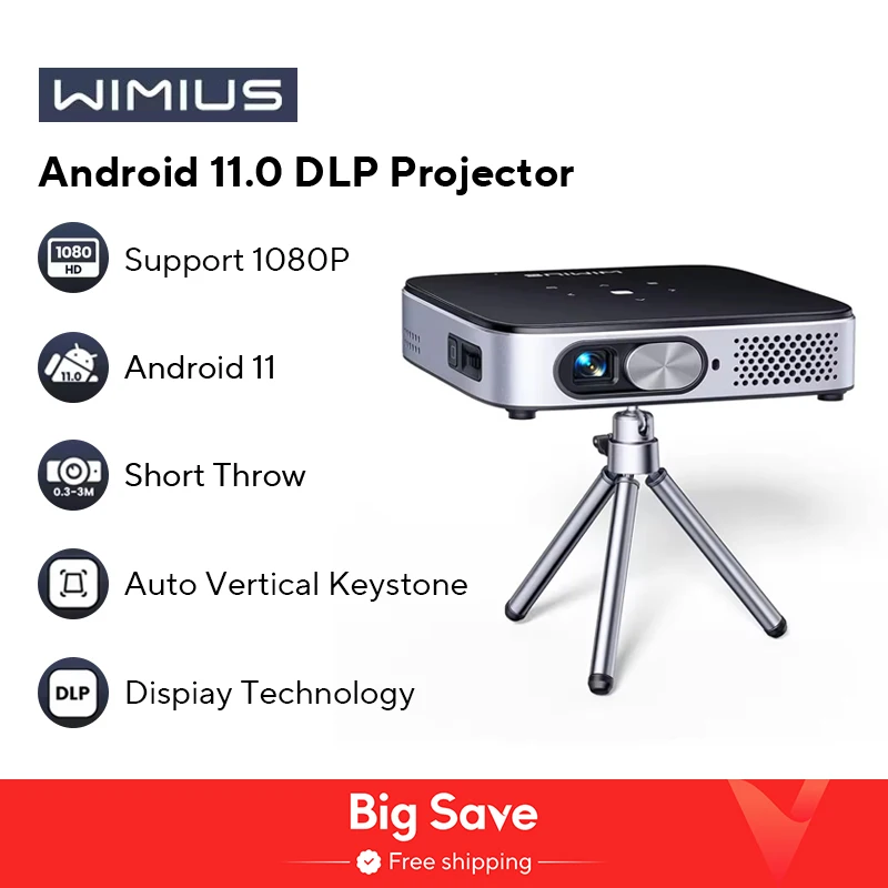 WiMiUS Mini Projector Android 11.0 DLP Projector Rechargeable Ultra Short Throw WiFi Bluetooth Projector FHD 1080P Support
