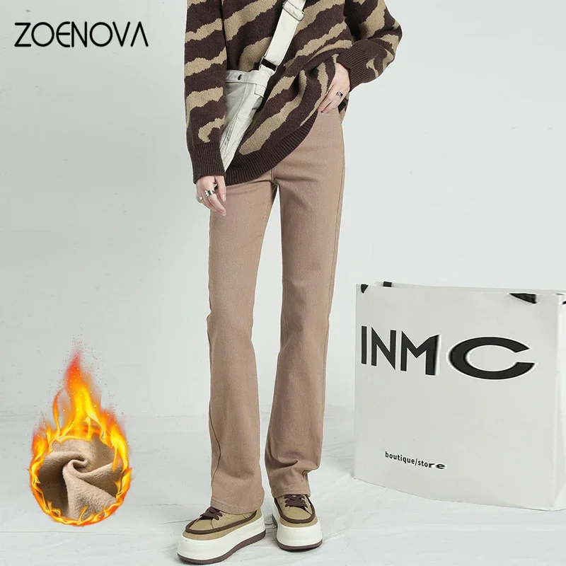 Zoenova 2022ファッションジーンズ厚く暖かいフリースクラシックデザインフリース冬ミッドウエスト3色暖かい女性Y2kレディースカジュアルデニム