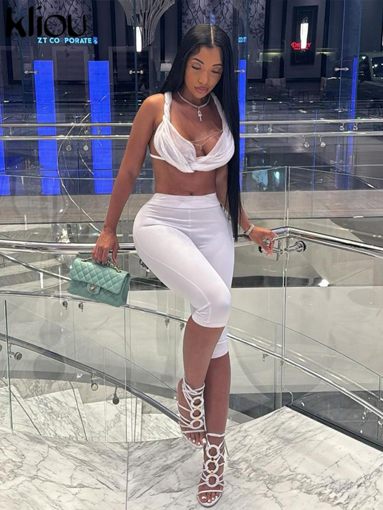 Kliou-女性用ショートトップとショーツのセット,2ピースのマッチングセット,ホルターネック付きショートトップ,セクシーでクラシックなスタイル,新しい