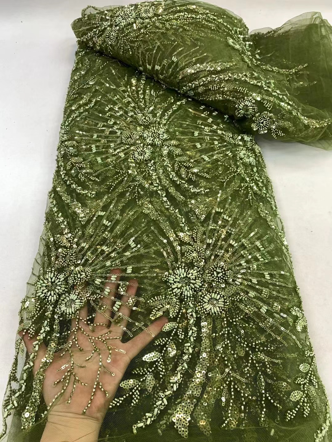 Groene kralen kant stof Luxe Nigeriaanse kant stof 2025, hoge kwaliteit kant verbrand oranje kralen kant stof voor bruiloft