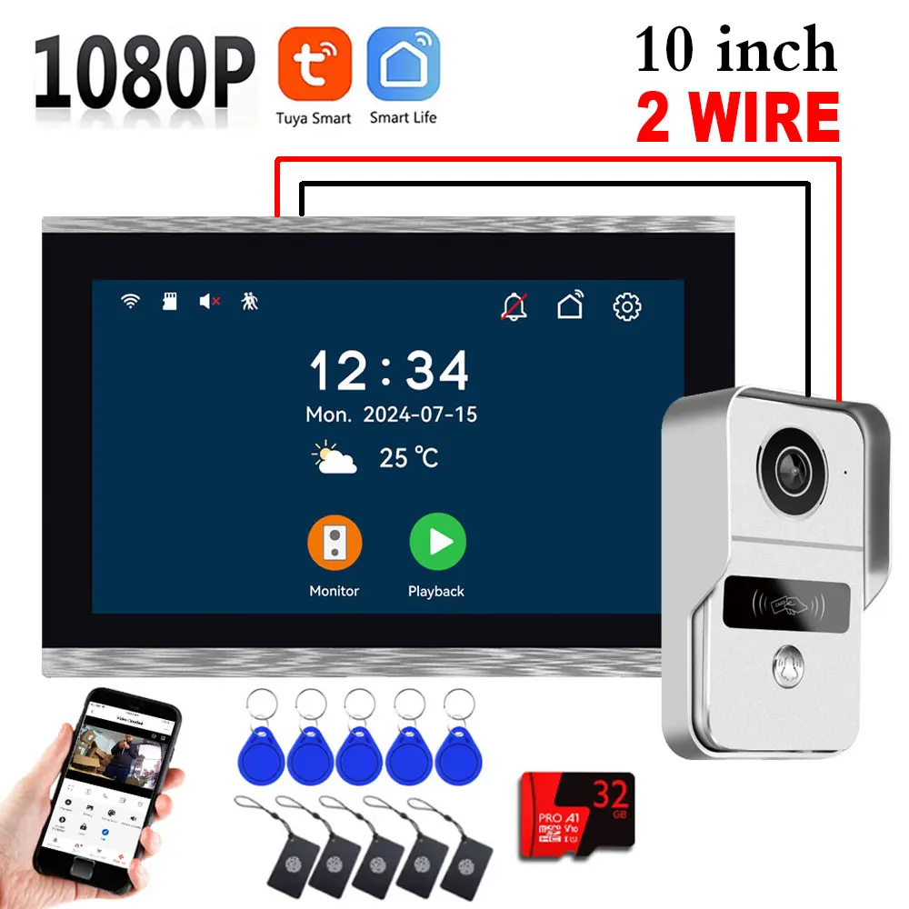 Neue 1080P 10 Zoll Touchscreen Wifi 2 Draht Video Türklingel Smart TUYA Home Video Intercom 32G Karte Rceord kit Bewegungserkennung