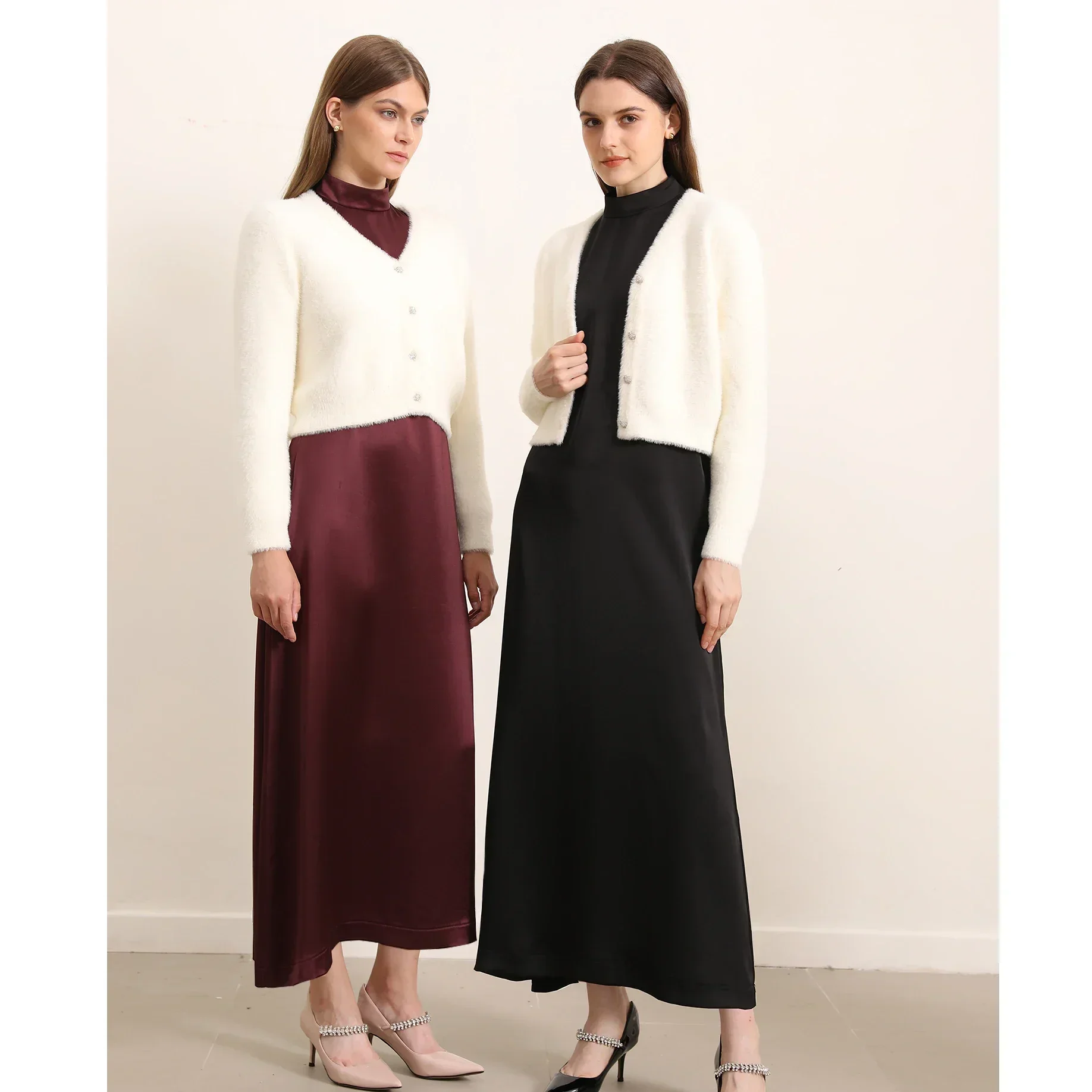 I-25AW-Robe en Satin de Haute Qualité pour Fille, avec Ceinture, lèvent, Manches sulf, Peut S'Assortir, Cardigan en Mohair, Trois Couleurs