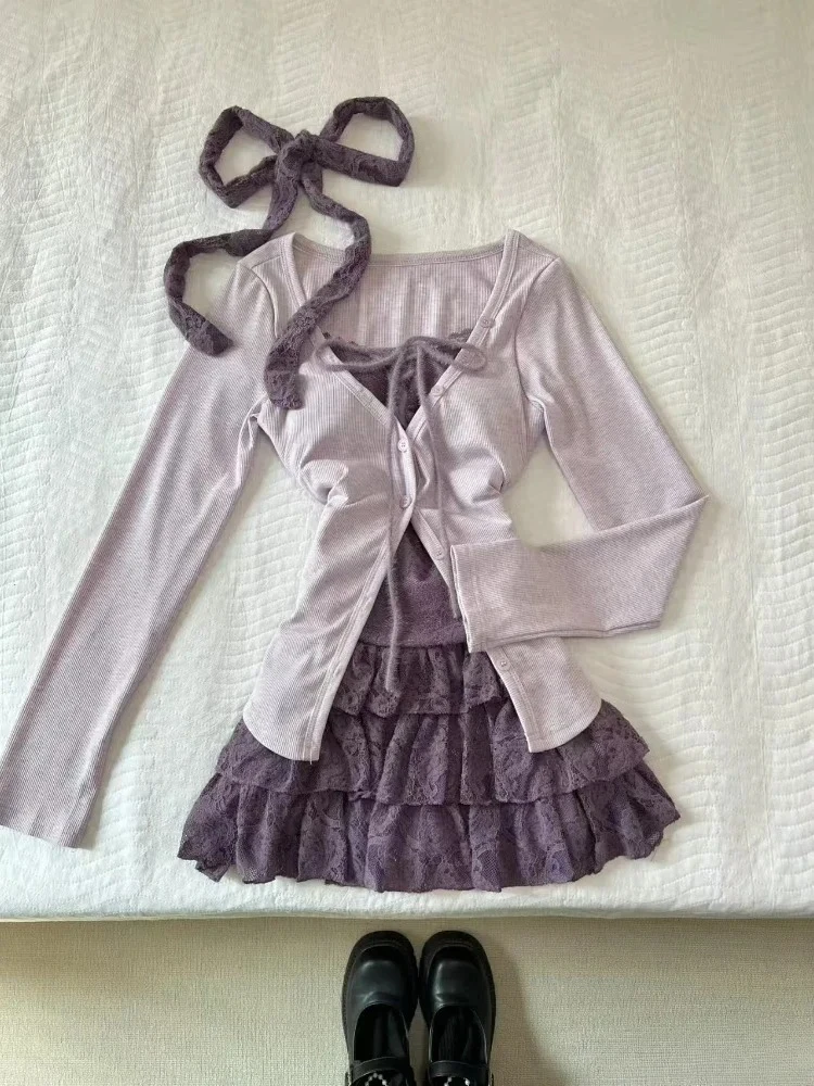 2023 herbst Zwei Stücke Rock Set Frauen Y2k Crop Tops T-shirt + Kuchen Röcke Japanischen Kawaii Mode Anzüge Chic Outfits koreanische