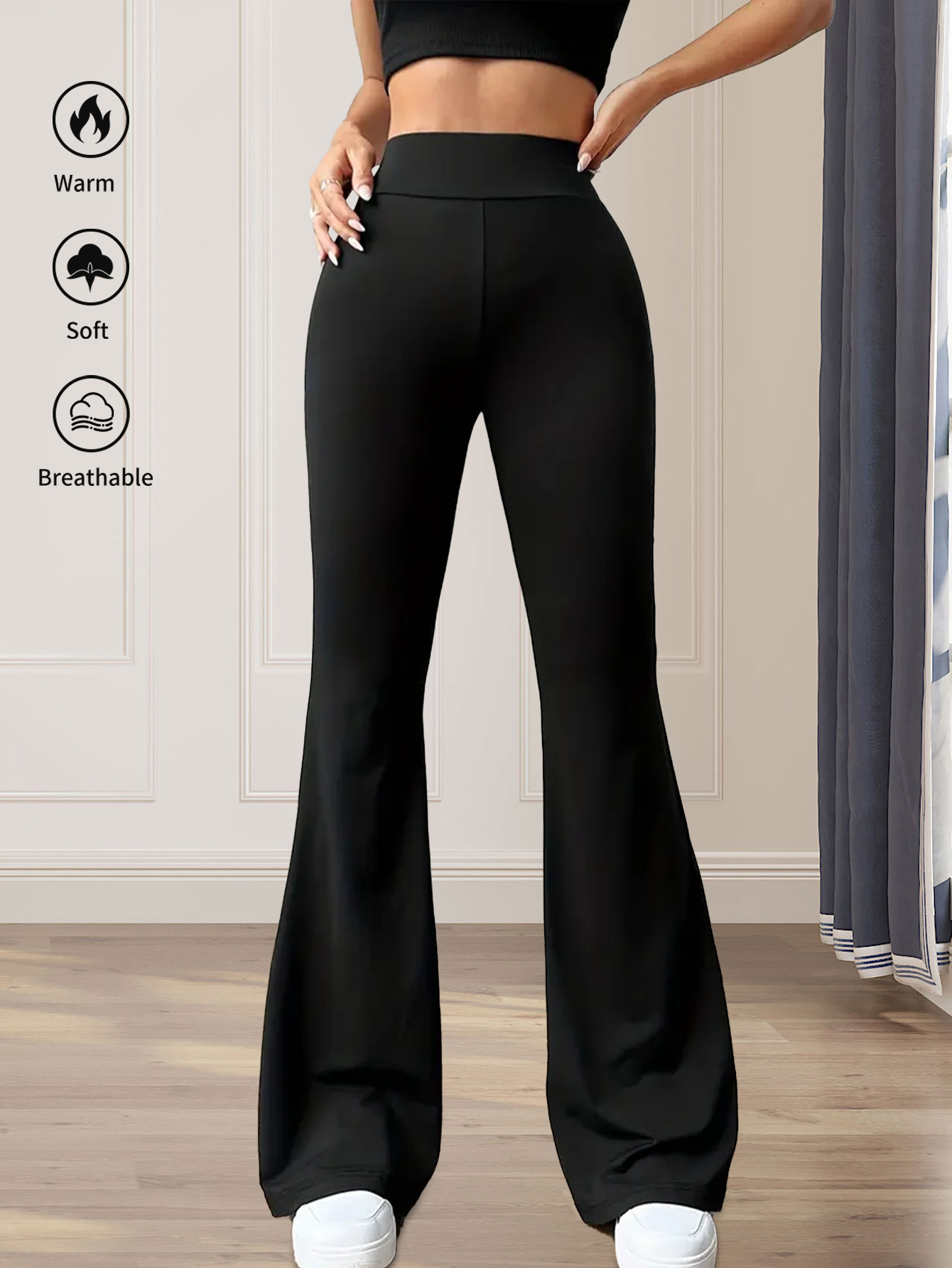 Dames lente en zomer nauwsluitende uitlopende broek met hoge taille, lange zwarte broek met slanke pijpen, dunne broek met wijde pijpen voor slanke vrouwen