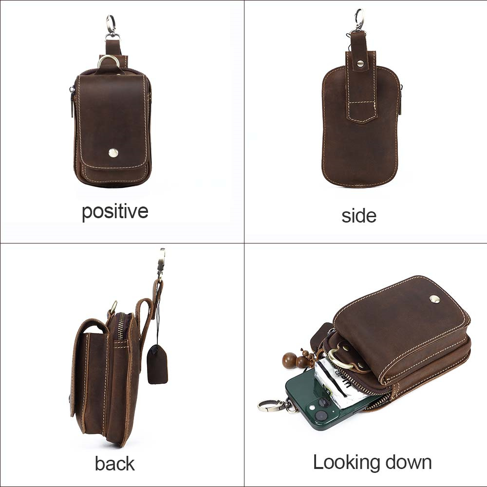 AIGUONIU echt leer retro haakontwerp mobiele telefoon klein heuptasje heupriemtas heren hardloopheuptas heuptasje