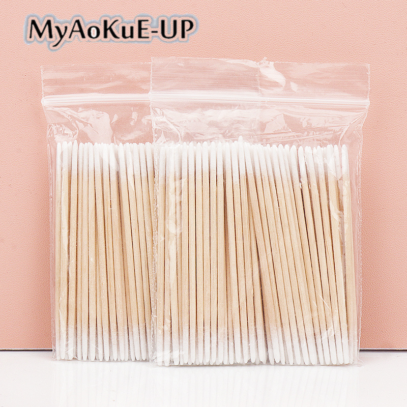 100/300Pcs Einweg Ultra-kleine Baumwolle Tupfer Pinsel Fusselfrei Micro Holz Make-Up Pinsel Wimpern Verlängerung Kleber entfernen Werkzeuge